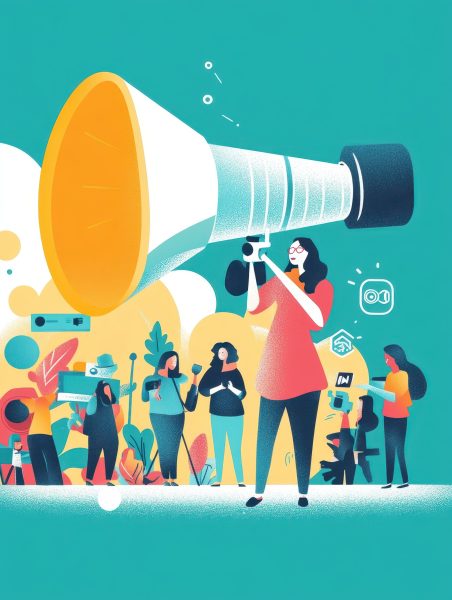 A vibrant illustration of a woman using a megaphone, symbolizing communication and engagement in a lively group setting.